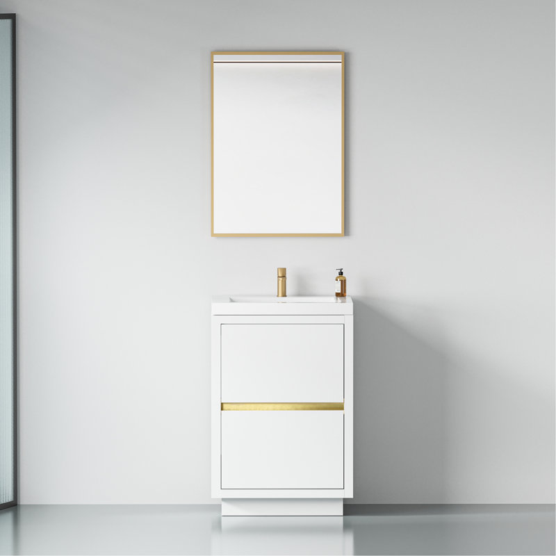 Lavabo de salle de bain 24 po, blanc brillant. Pré-assemblé pour plus de commodité. Compartiment de rangement spacieux. Comptoir en résine de pierre fine. Armoire en bois facile à installer. Espace généreux. Qualité