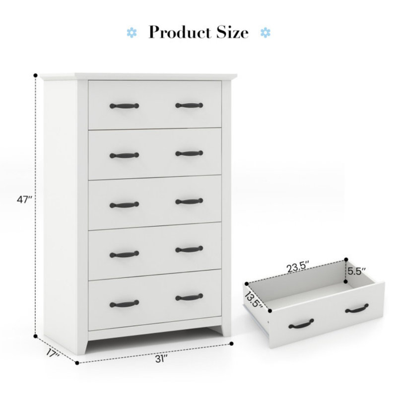 Grande commode de rangement avec 5 tiroirs coulissants pour le salon de la chambre à coucher, Blanc
