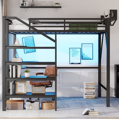 Queen Size Loft Bed with Foldable Desk and Charging Station,Metal Queen Loft Bed with Light Strip and Staircase Storage for Kids Teens Adults, Patent Products,Black