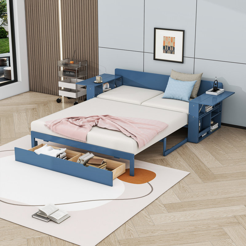 Multifunctional Wood Convertible Daybed with Built-in Desk, Storage Drawer, Blue, Queen