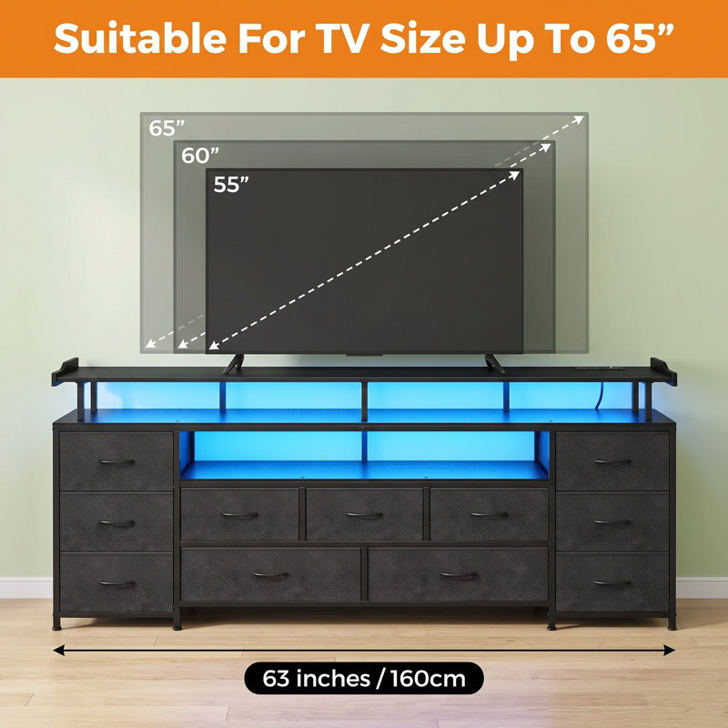 Meuble télé 63 po pour téléviseur de 65 po avec 11 tiroirs en polyuréthane et station de charge, noir, Noir