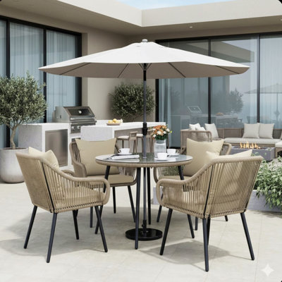 5-Piece All Weather Twisted Rattan Wicker Patio Dining Table Set With Umbrella Hole And Cushions