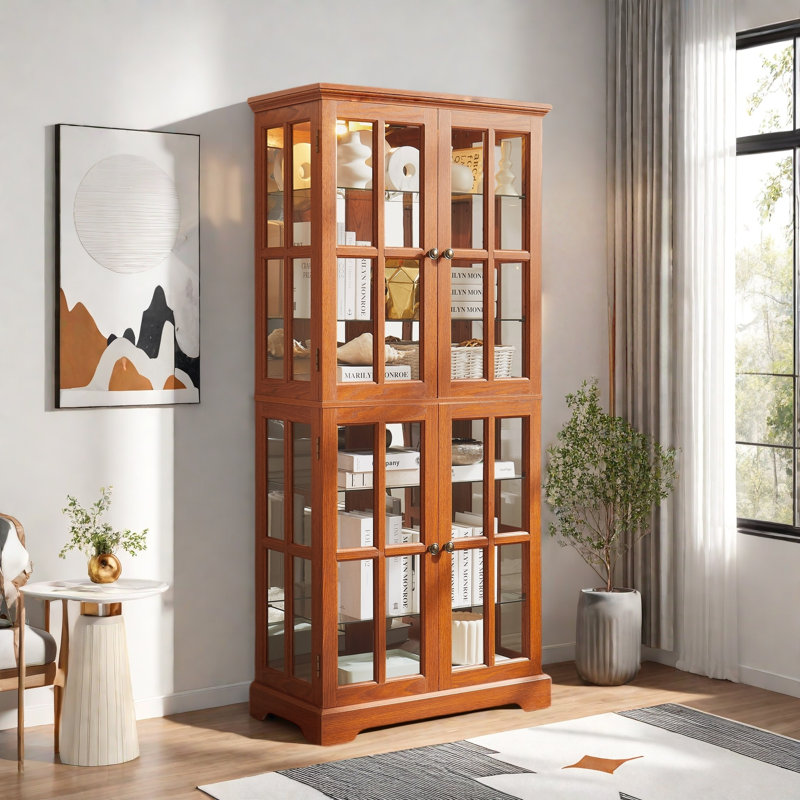 Antique Display Cabinet With 4 Glass Doors, Adjustable Shelves, Metal Embossed Handles And Integrated Lighting, Oak