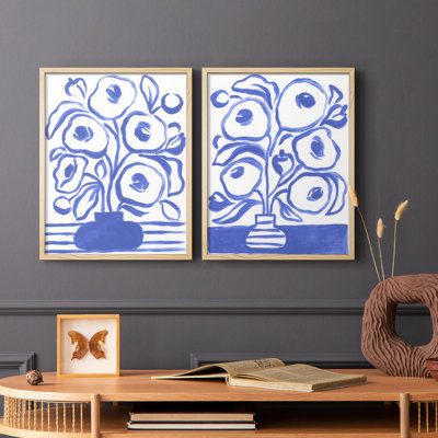 Blue Brush Flowers I-Premium Framed Print -Ready to Hang - No Nails Required - No Nails Required