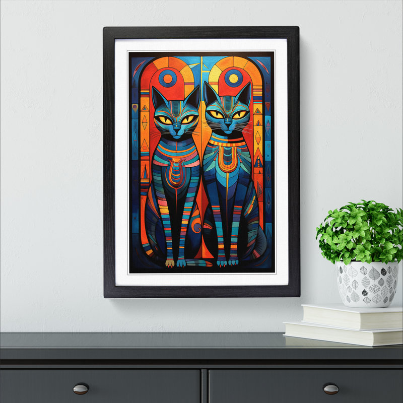 XYZ-FRM-V1223-622 Egyptian Cat Symbolism - Single Picture Frame Print on Wood, 64cm H x 46cm W x 2cm D, Black