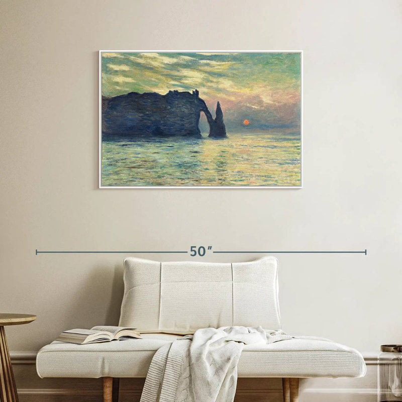Coucher de soleil sur la falaise d'Etretat, 37 po x 25 po, Cadre flottant blanc