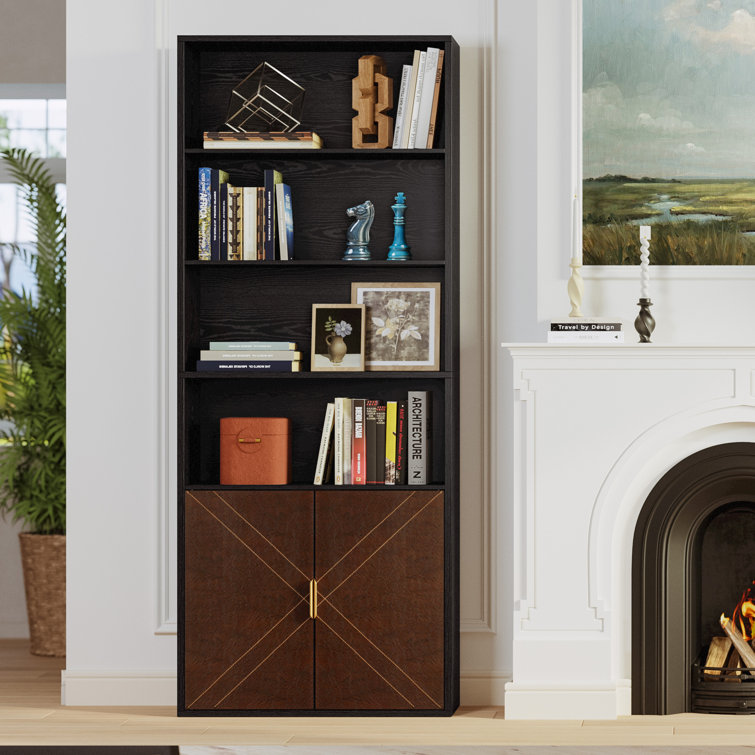 Book Shelf With Leather Doors, 70" Tall Bookcase, 6-tier Bookshelf, Storage Shelves Floor Standing For Home Office, Living Room, Bedroom, Brown