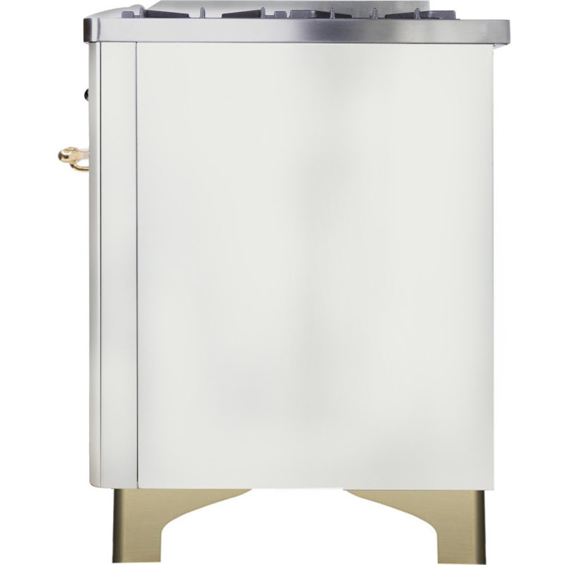 ILVE Majestic II Series 48 inch Dual Fuel Range with 8 Sealed Burners, Griddle (Glass Door), Liquid Propane, White/Brass