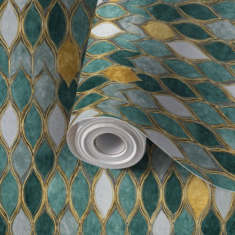 Papier peint adhésif peler et coller en PVC, revêtement mural auto-adhésif amovible avec imprimé élégant de carreaux géométriques sarcelle et gris doré, imperméable pour la décoration intérieure - Rouleau