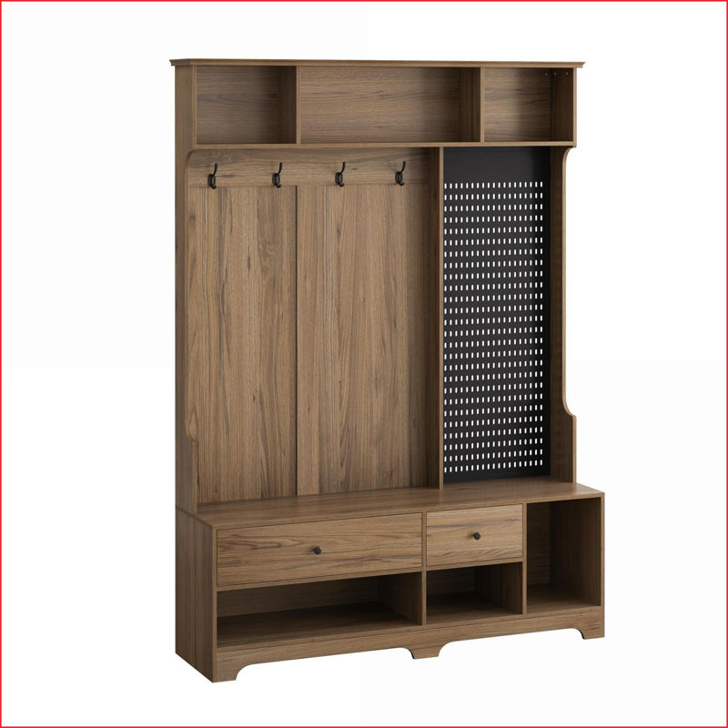 Arbre d'entrée avec banc à coussin amovible en lin, portemanteau, tablettes de rangement et amp; Panneau perforé bricolage | Brun | Panneau de fibres à densité moyenne + fer