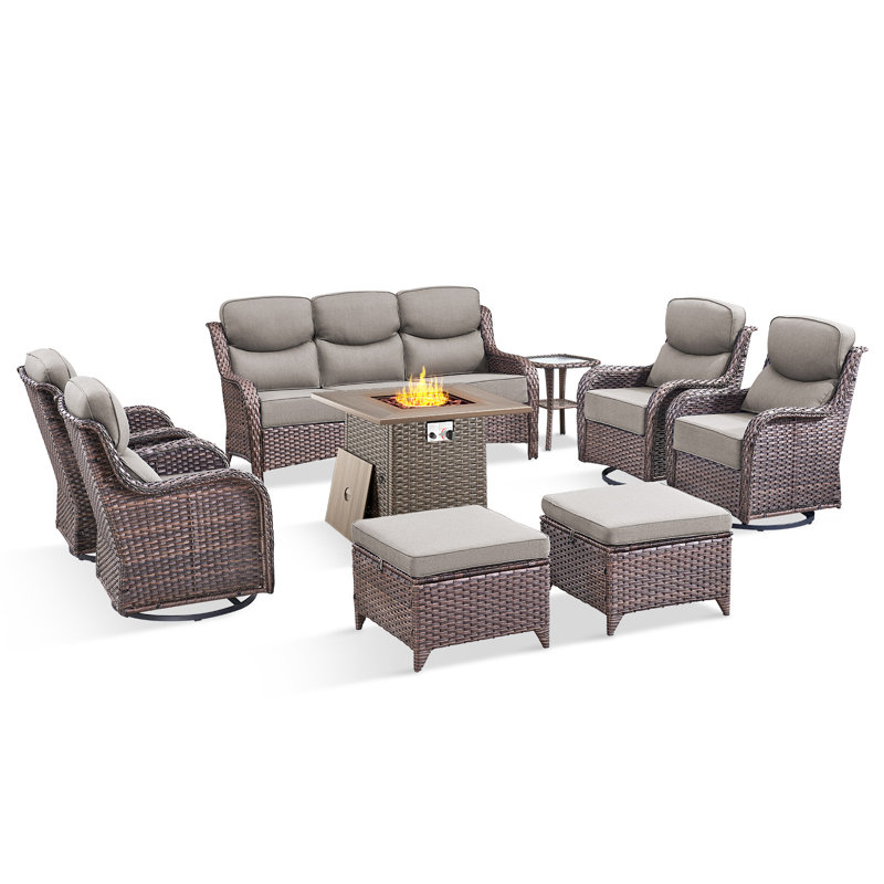 Wickes 9-Piece Outdoor Wicker Patio Conversation Set With Square Fire Pit, 3-Seat Sofa, Ottomans, 4 Swivel Gliders And Side Table