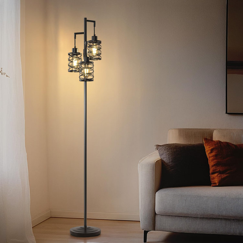 Industrial Floor Lamp With 3 Bulbs - 70 Inch Stepless Dimmable Standing Tree Lamp, Farmhouse Corner Lighting For Living Room, Bedroom, Office, Vintage Metal Tall Lamp