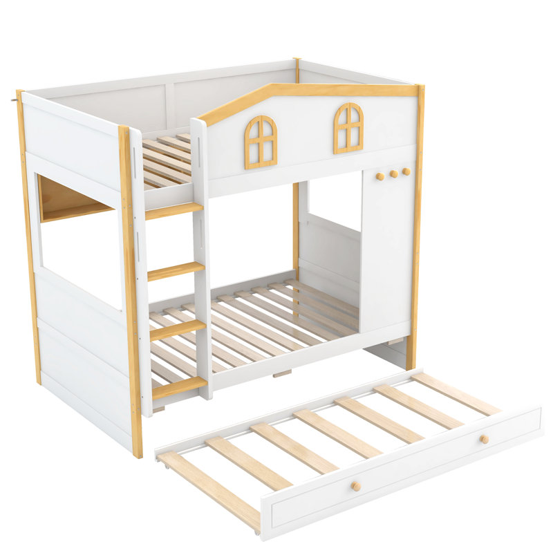 Lit superposé simple au-dessus de simple avec garde-corps, tablettes de rangement et lit gigogne, blanc et naturel