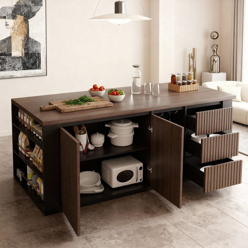 70.8-Inch Kitchen Island Featuring Storage Drawers In Various Sizes, Open Shelving, And A Wine Rack; Kitchen Island With A Dining Area