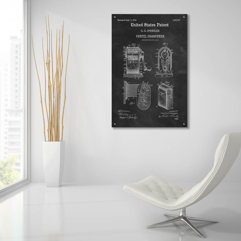 «Pencil Sharpener Blueprint Vernis Chalkboard», art mural en verre acrylique, H 36 po x l 24 po x P 0,2 po