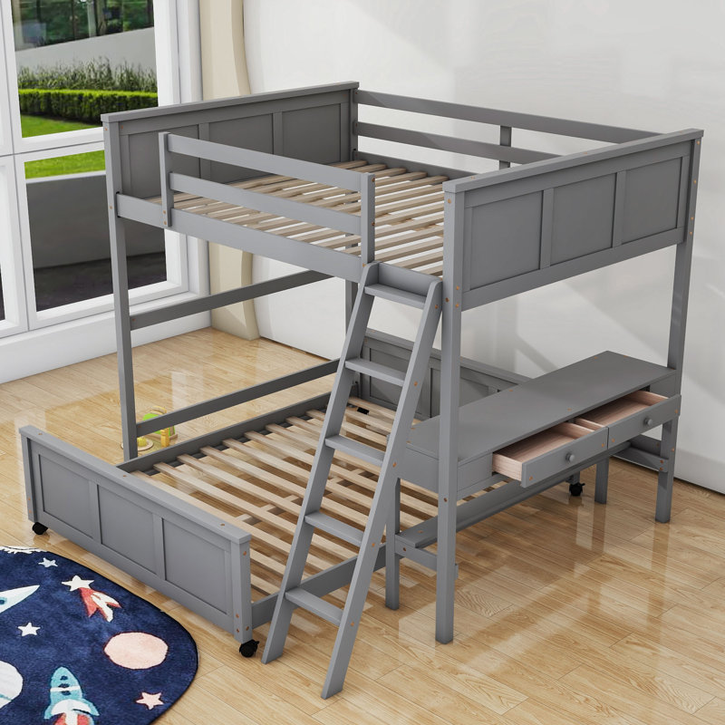 Jakavious Kids Bunk Bed with Drawers, Gray, Full Over Full