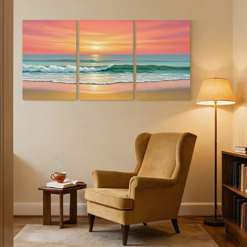 Nautique et plage coucher de soleil océan vagues plage ciel horizon couleur de sable clair ensemble de 3 impressions d'art sur toile