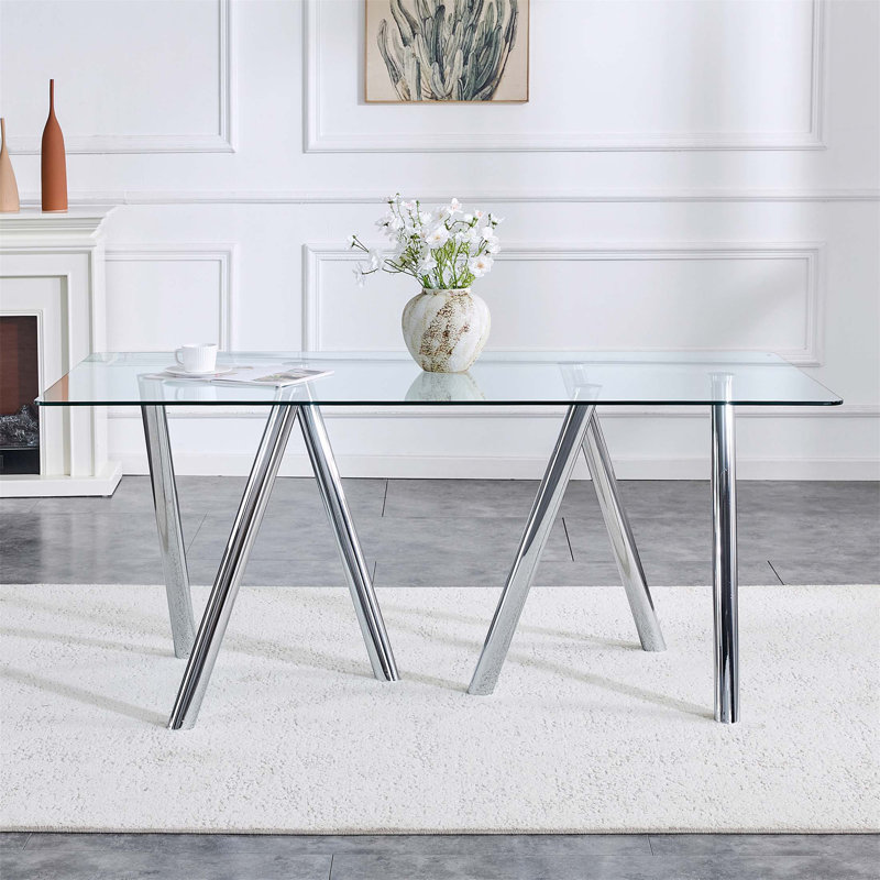 71-Inch Tempered Glass Dining Table With Sturdy Metal Legs, Safe And Durable, For Modern And Elegant Home Decor, Silver
