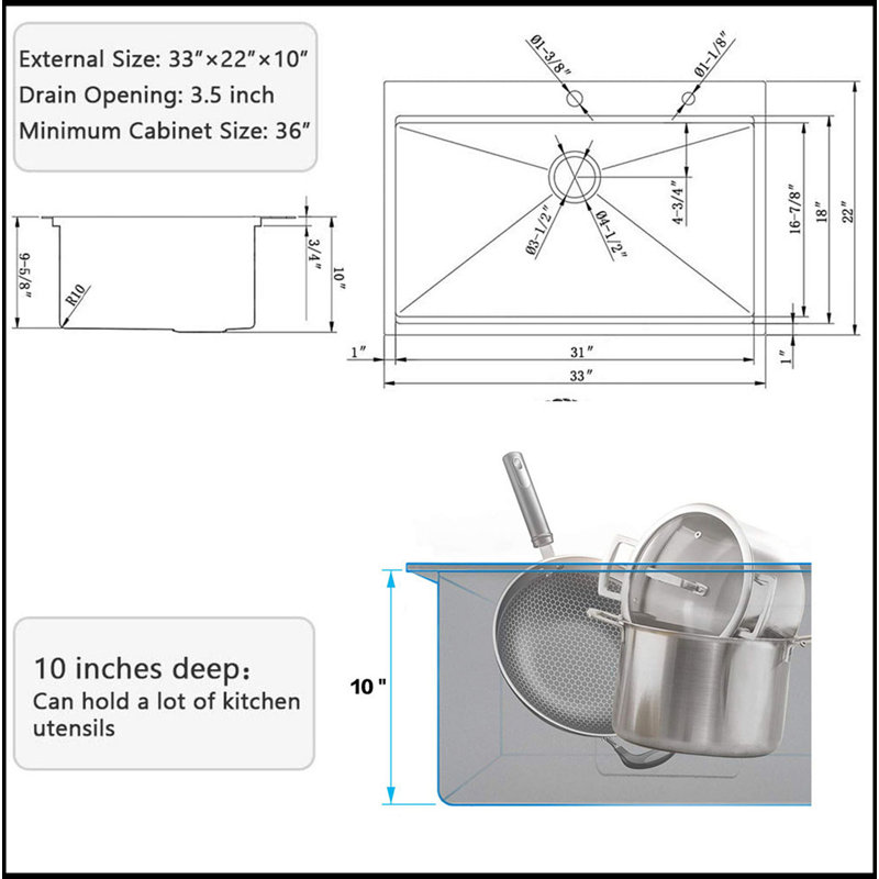 Évier de cuisine à montage sur plan en acier inoxydable R10 à cuve simple avec rebord intégré et accessoires (paquet de 5)