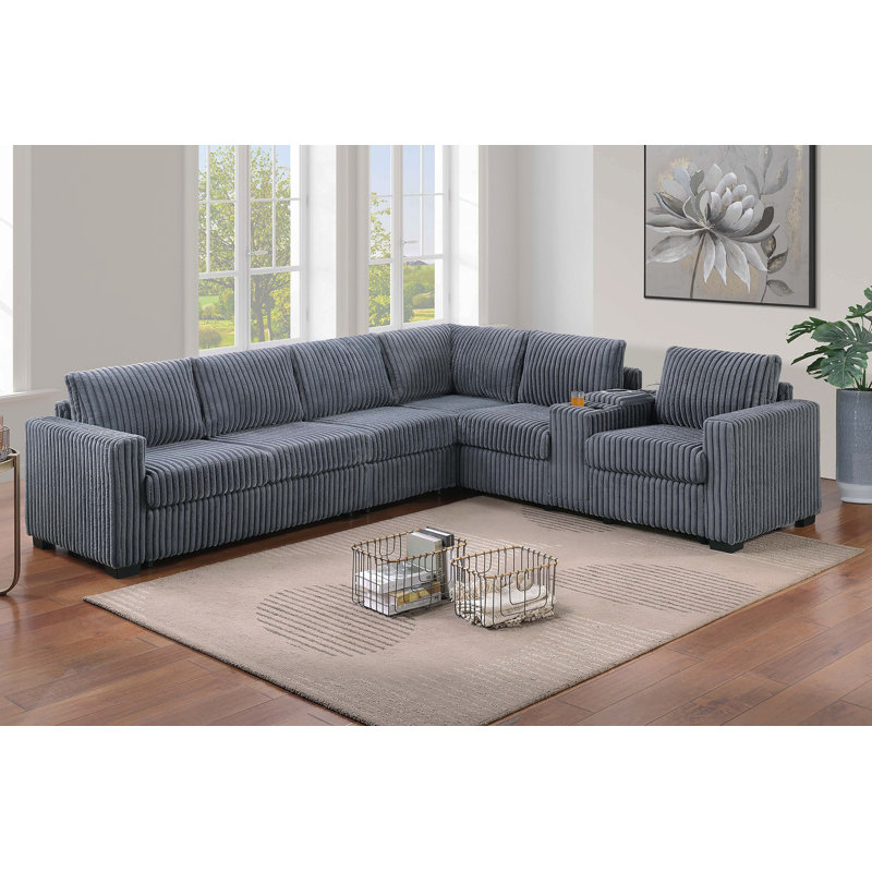 Modern Style L-Shape 4Pc Sectional Set Dark Gray Finish Reversible Loveseat USB Ports Cup Holder Armless Chair Plastic Legs Corduroy Upholstered Primary Living Room