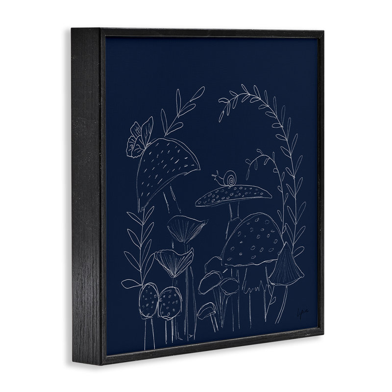 Giclée sur champignon sur fond bleu par Lucille Price, H 24 po x l 24 po, Giclée encadrée noir minuit