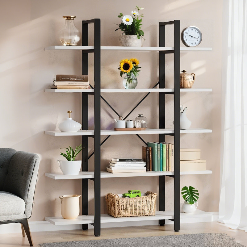  Bibliothèque H 70,5 "x l 47,3", étagère de rangement ouverte à 5 niveaux, Blanc/Noir