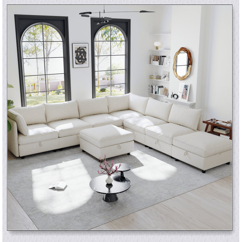 Canapé d'angle modulaire avec rangement convertible et couchage, combinaisons de tissus flexibles pour une utilisation polyvalente dans le salon