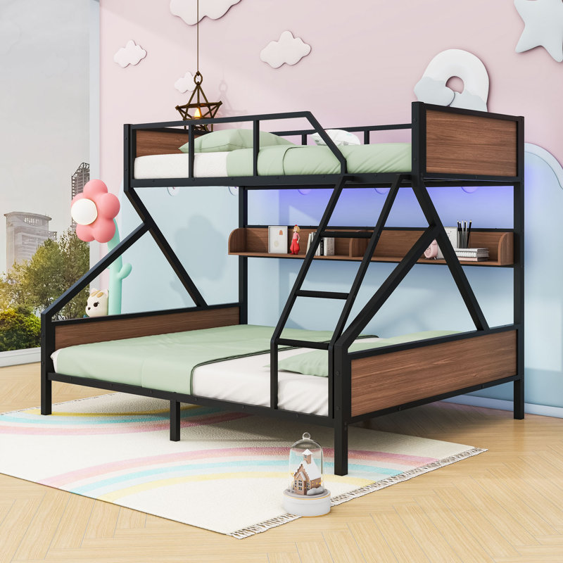 Metal Bunk Bed With Shelves And Lights, Twin XL Over Queen