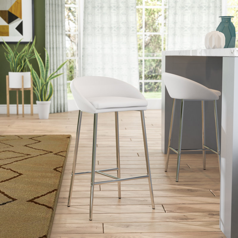 Tabouret de bar ou de cuisine à hauteur de comptoir chromé de style contemporain Clouchete, Blanc