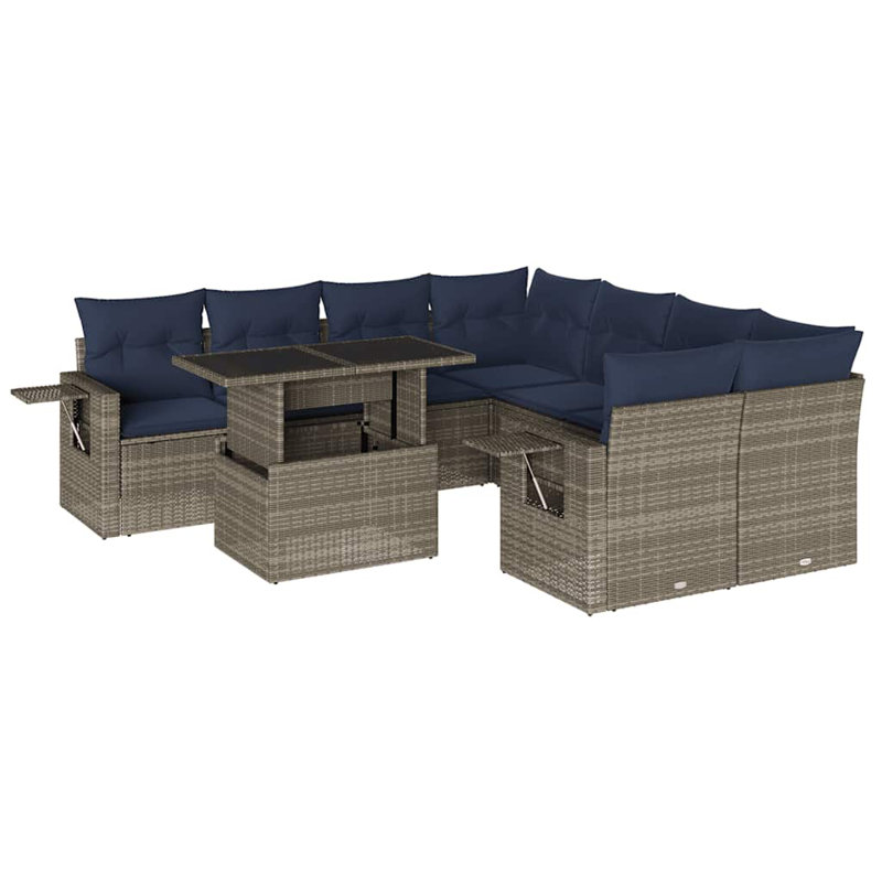 Ensemble de canapé de patio 9 pièces avec coussins en rotin de polyester, Marine, Gris