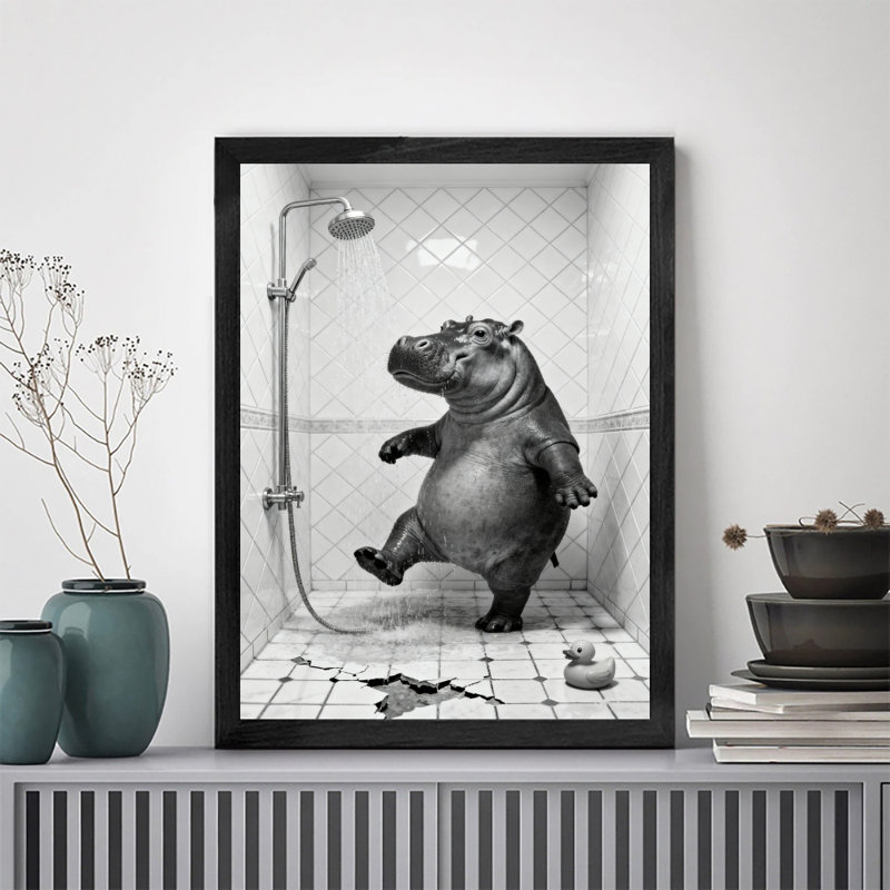Art encadré noir, l'hippopotame prenant un bain, impressions encadrées de style rétro, H 11 po x l 9 po