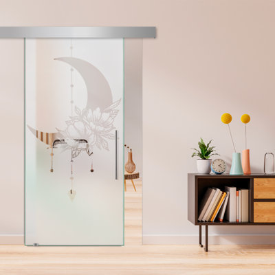 Porte de grange coulissante en verre sans cadre avec design moderne sablé et quincaillerie (semi-privée)