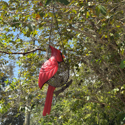 Rustic hand-painted red metal cardinal bird feeder with mesh seed and suet cage, 27 inches high