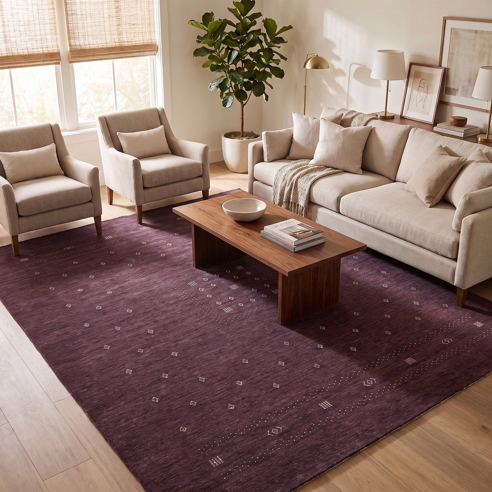 Simi Hand-Woven Geometric Cotton Wool Rug, Eggplant, Rectangle 9' x 12'