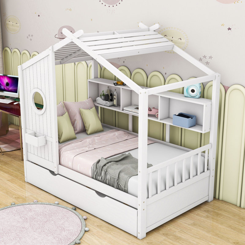 Aliyyah Wood House Daybed With Twin Size Trundle and Shelves, Twin, White