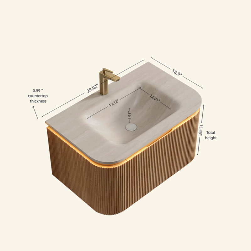 Meuble-lavabo de salle de bain et meuble-lavabo rayé à bords arrondis avec tiroir, lumière à capteur, lavabo intégré en pierre frittée à motif de travertin, pré-assemblé