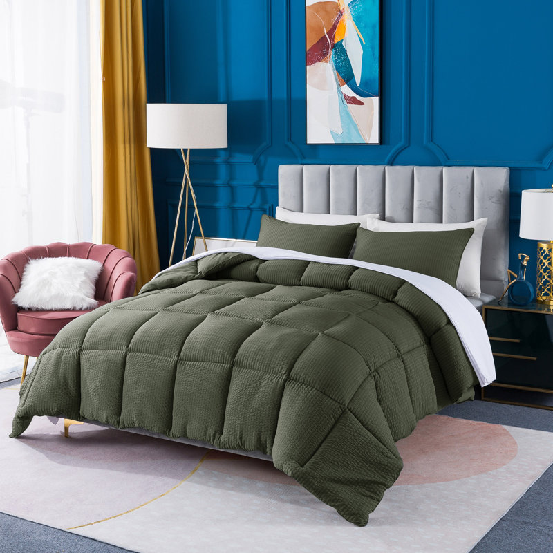 All Season Down Alternative Quilted Comforter Set-Soft Microfiber Seersucker Bedding Set Textured, Sage Green