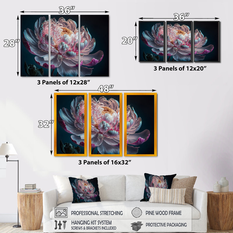 «Blossoming Pink and White Peony IV», reproduction de cadre flottant sur toile 3 pièces, H 32 po x l 48 po x P 1 po