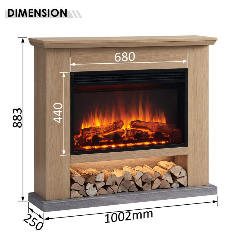 BEADELL FLAMME Electric Fireplace, 88cm H x 100cm W x 25cm D, Natual Oak