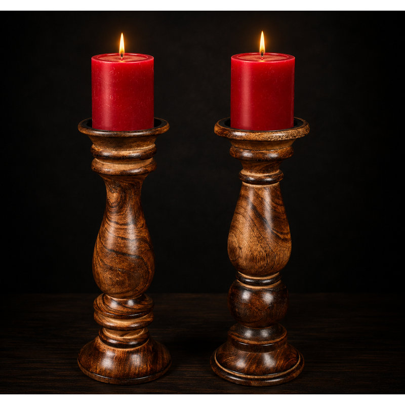 Bougeoirs en bois brûlé, ensemble de 2, Burnt wood