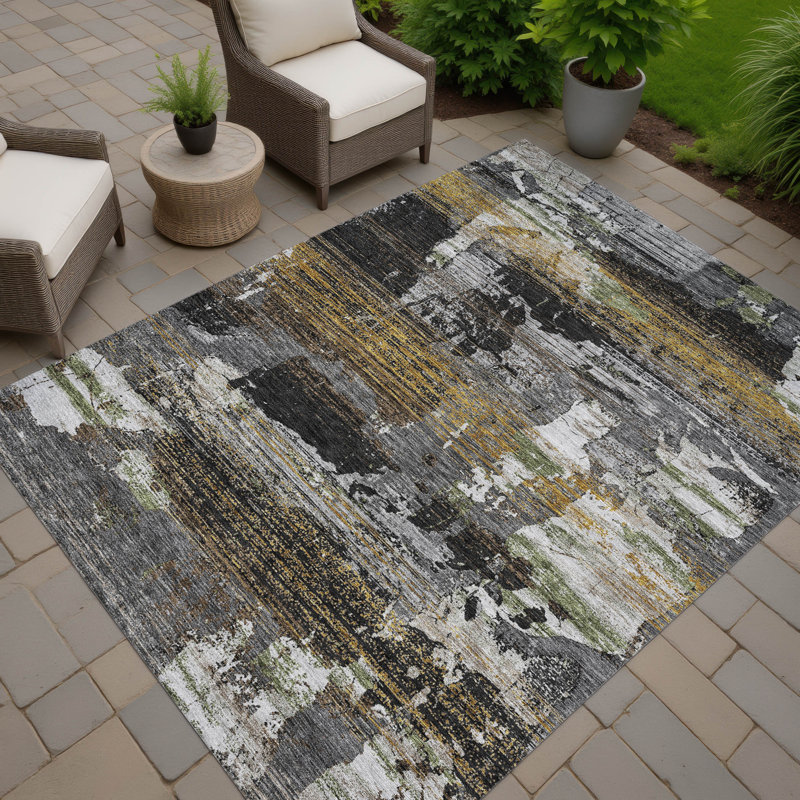 Tapis abstrait lavable à la machine intérieur / extérieur ACN2646, Noir, 8 pi x 10 pi