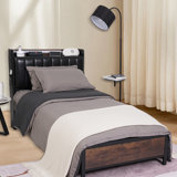 Carson Heavy Duty Metal Bed Frame With Faux Leather Adjustable Headboard & LED Lights & Charging Station, Black