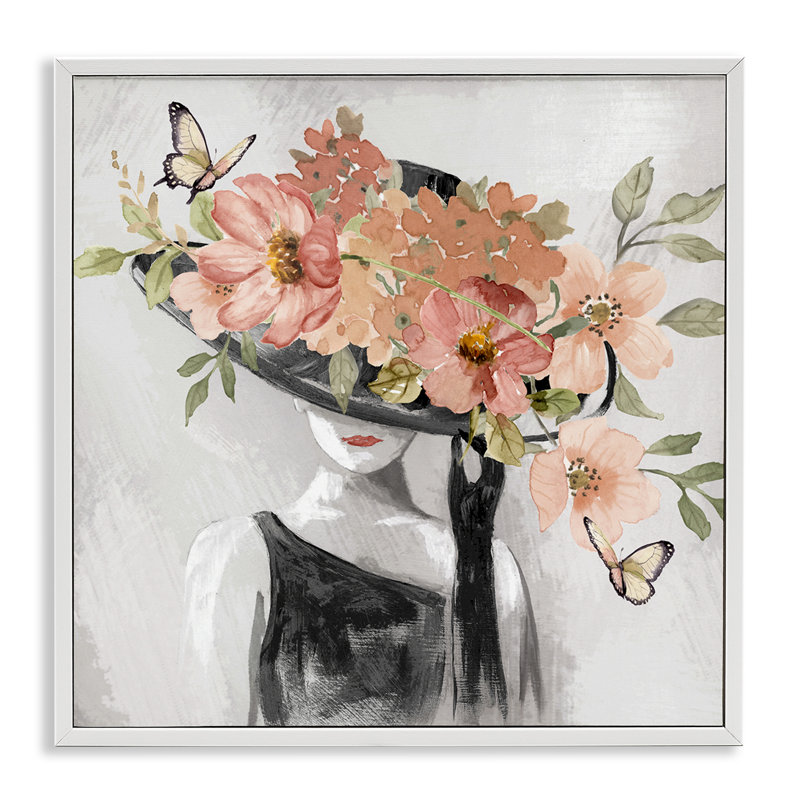«Pink Floral Hat», art de la giclée encadrée par Nan, Estampe numérique encadrée blanc bord de mer, H 24 po x l 24 po