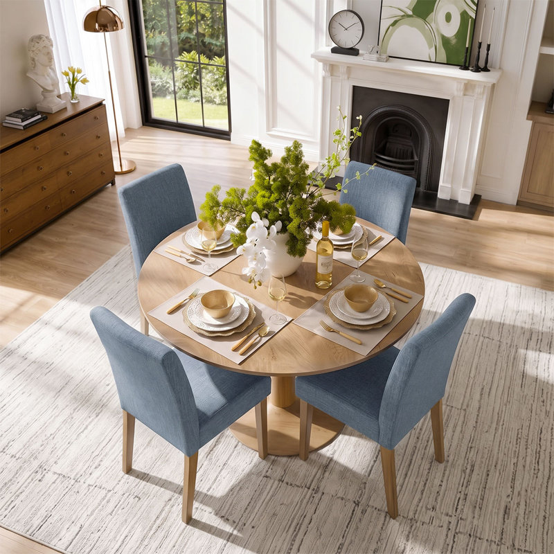 Ensemble de table et de chaises pour 4 personnes avec table ronde et 4 chaises rembourrées à pieds en bois massif, Blue