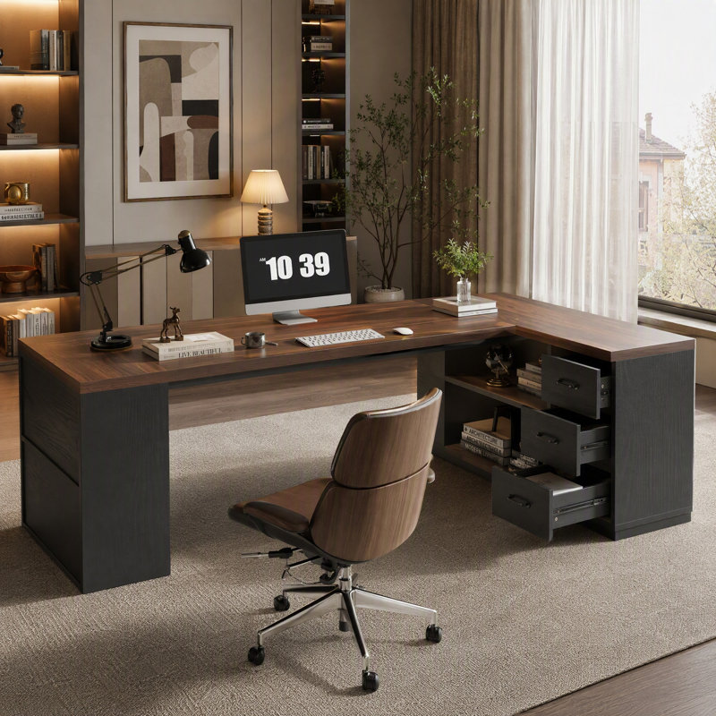 Bureau de direction en L 86,6 po avec 3 tiroirs de rangement et tablettes ouvertes