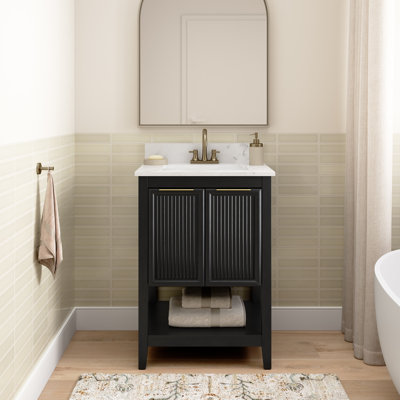 Meuble-lavabo 32 po avec lavabo, armoire cannelée, plateau en faux marbre, style moderne, bouleau naturel