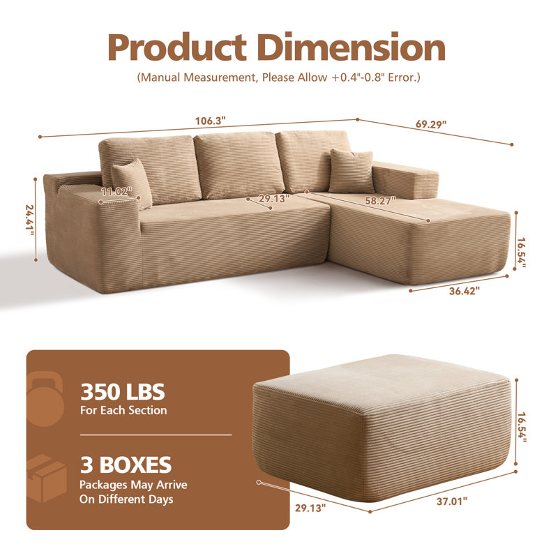 Seren Boneless 106" Modular L-shaped Sectional Sofa With Ottoman, No-assembly Cloud Couch, Boneless Design For Modern Living