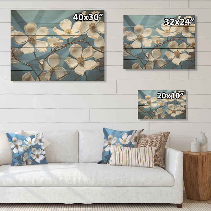 Cubist Dogwood Flowers Harmony - Dogwood Wood Wall Art On Natural Pine Wood, 24" H x 32" W