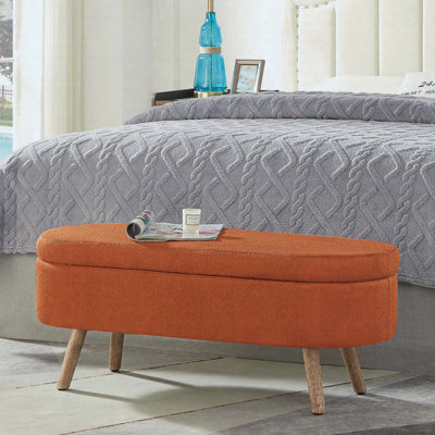 Banc de rangement avec repose-pieds ovale avec charnière de sécurité et pieds en bois, orange
