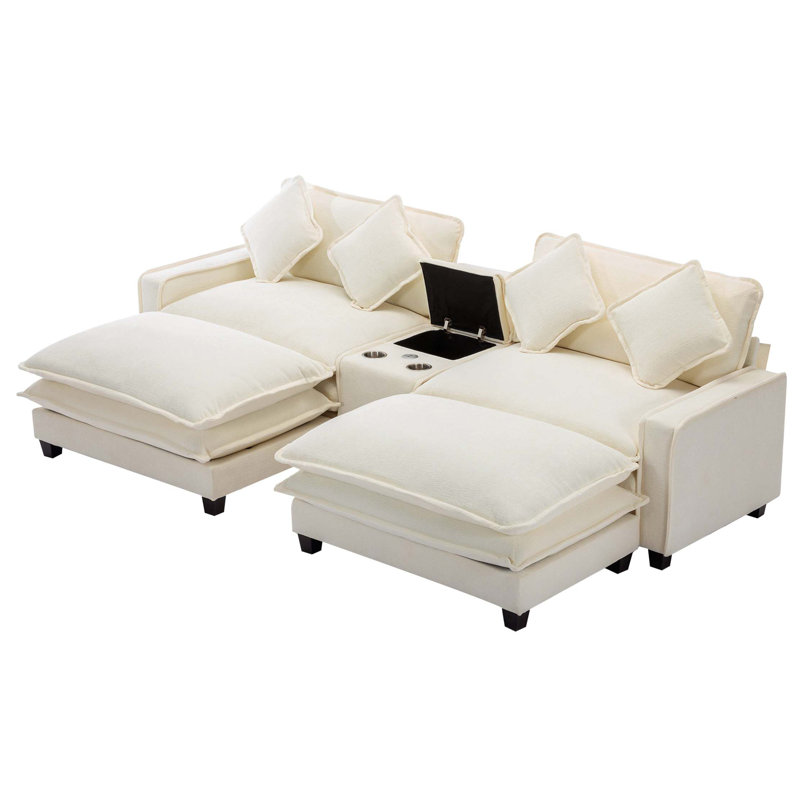 Canapé modulaire surdimensionné 112,6 "avec 2 ports USB et 2 porte-gobelets, Chenille beige / mélange de polyester